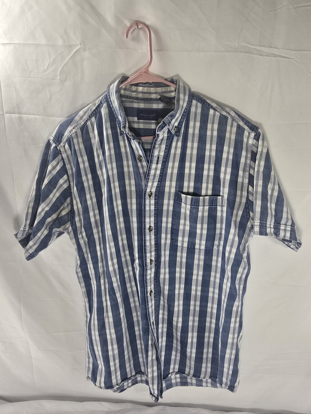 Towncraft Mens Medium Blue White Striped Short Sleeve Button Up Shirt Vintage